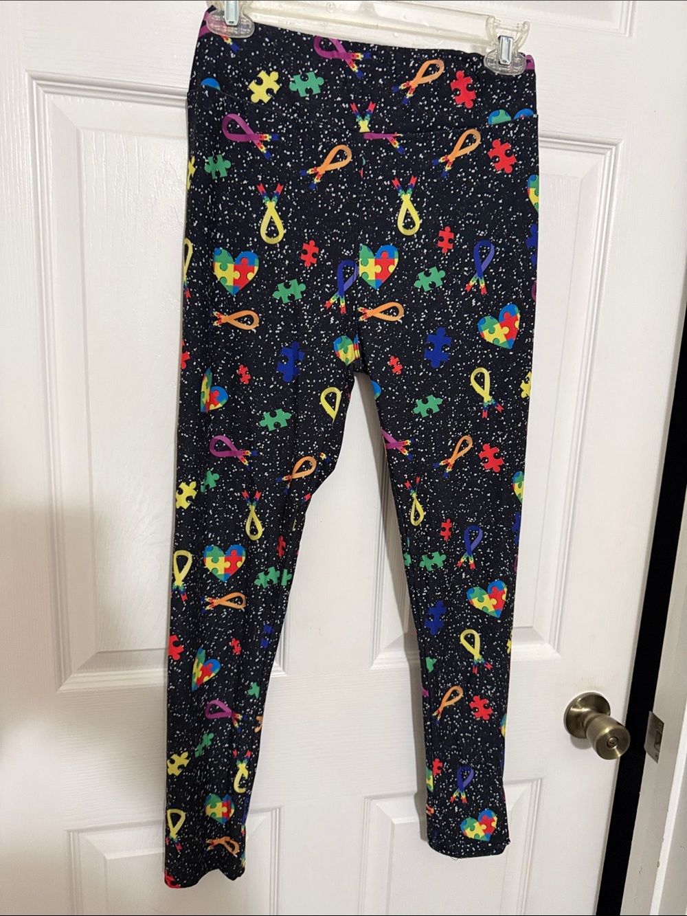 Kids Black Puzzle-Print Leggings with Multicolor Ribbons